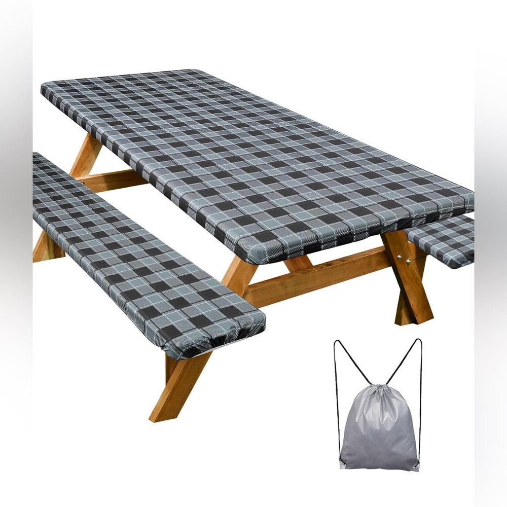 Picnic Table Cover with Bench Covers, Waterproof Windproof Camping Tablecloth